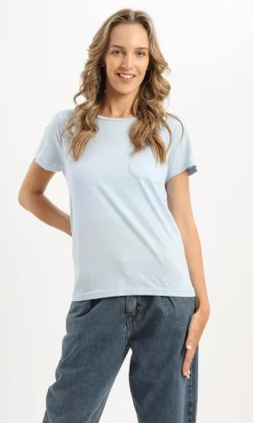 94646 Casual Powder Blue Basic Tee With Patched Pocket