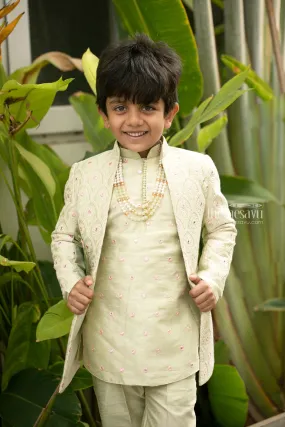 Elegant Ethnic Green Silk Kurta And Pant With Floral Embroidered Over Coat For Boys