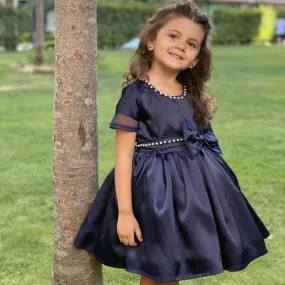 Girls' navy satin dress with bodice and bow