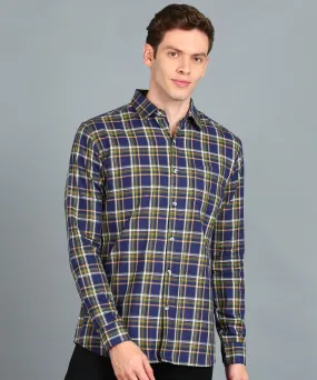 Men's Blue Cotton Full Sleeve Slim Fit Casual Checkered Shirt